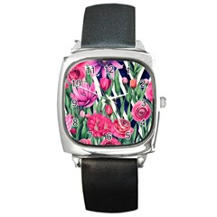 Classy Botanicals – Watercolor Flowers Botanical Square Metal Watch by GardenOfOphir