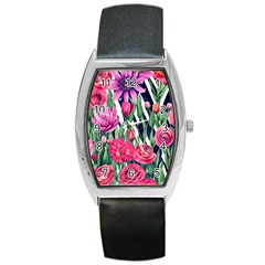 Classy Botanicals – Watercolor Flowers Botanical Barrel Style Metal Watch by GardenOfOphir