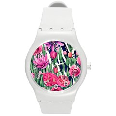 Classy Botanicals – Watercolor Flowers Botanical Round Plastic Sport Watch (m) by GardenOfOphir