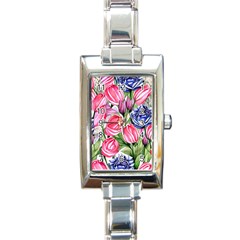 Charming Foliage – Watercolor Flowers Botanical Rectangle Italian Charm Watch by GardenOfOphir