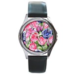 Charming Foliage – Watercolor Flowers Botanical Round Metal Watch Front