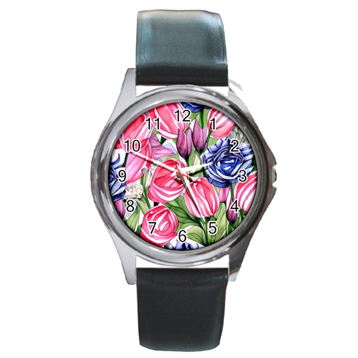 Charming Foliage – Watercolor Flowers Botanical Round Metal Watch