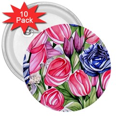 Charming Foliage – Watercolor Flowers Botanical 3  Buttons (10 Pack)  by GardenOfOphir