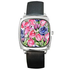 Charming Foliage – Watercolor Flowers Botanical Square Metal Watch by GardenOfOphir