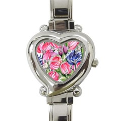 Charming Foliage – Watercolor Flowers Botanical Heart Italian Charm Watch by GardenOfOphir