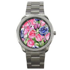 Charming Foliage – Watercolor Flowers Botanical Sport Metal Watch by GardenOfOphir