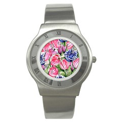 Charming Foliage – Watercolor Flowers Botanical Stainless Steel Watch by GardenOfOphir