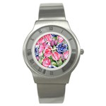 Charming Foliage – Watercolor Flowers Botanical Stainless Steel Watch Front