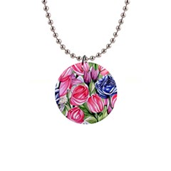 Charming Foliage – Watercolor Flowers Botanical 1  Button Necklace by GardenOfOphir