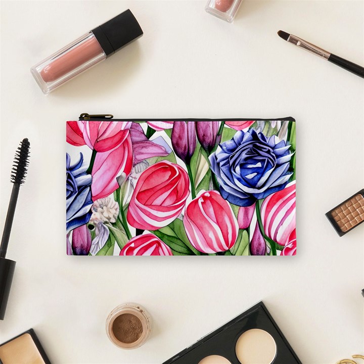 Charming Foliage – Watercolor Flowers Botanical Cosmetic Bag (Small)