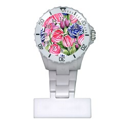 Charming Foliage – Watercolor Flowers Botanical Plastic Nurses Watch by GardenOfOphir