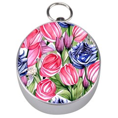 Charming Foliage – Watercolor Flowers Botanical Silver Compasses