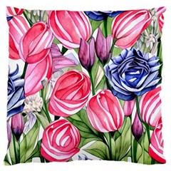 Charming Foliage – Watercolor Flowers Botanical Large Premium Plush Fleece Cushion Case (one Side) by GardenOfOphir