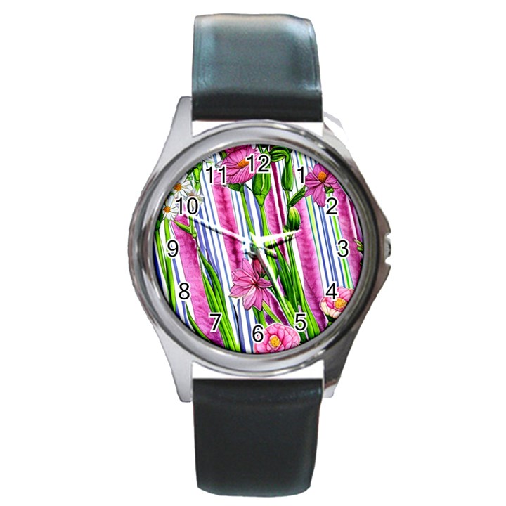 Cherished Blooms – Watercolor Flowers Botanical Round Metal Watch