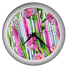 Cherished Blooms – Watercolor Flowers Botanical Wall Clock (silver) by GardenOfOphir