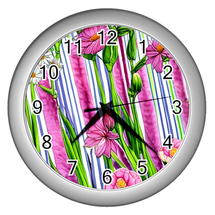 Cherished Blooms – Watercolor Flowers Botanical Wall Clock (Silver)