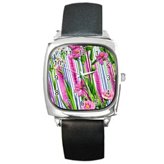 Cherished Blooms – Watercolor Flowers Botanical Square Metal Watch by GardenOfOphir