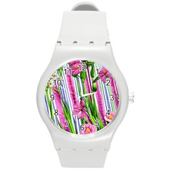 Cherished Blooms – Watercolor Flowers Botanical Round Plastic Sport Watch (m) by GardenOfOphir