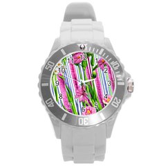 Cherished Blooms – Watercolor Flowers Botanical Round Plastic Sport Watch (l) by GardenOfOphir