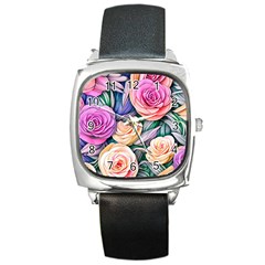 County Charm – Watercolor Flowers Botanical Square Metal Watch by GardenOfOphir