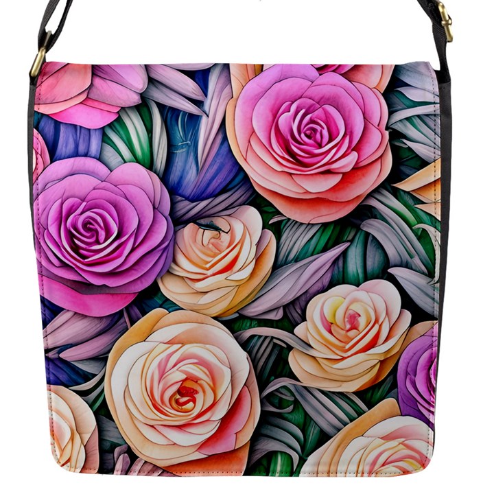 County Charm – Watercolor Flowers Botanical Flap Closure Messenger Bag (S)