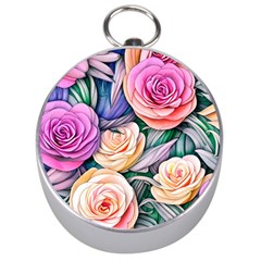 County Charm – Watercolor Flowers Botanical Silver Compasses