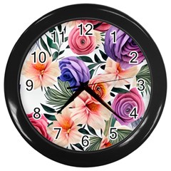 Country-chic Watercolor Flowers Wall Clock (black) by GardenOfOphir