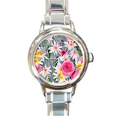 Classy And Chic Watercolor Flowers Round Italian Charm Watch by GardenOfOphir