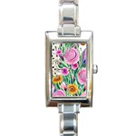 Cheerful And Captivating Watercolor Flowers Rectangle Italian Charm Watch Front