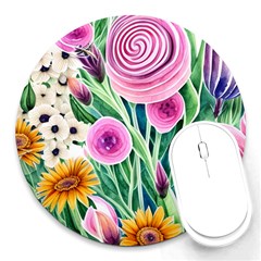 Cheerful And Captivating Watercolor Flowers Round Mousepad