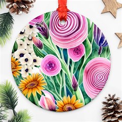 Cheerful And Captivating Watercolor Flowers Ornament (round) by GardenOfOphir