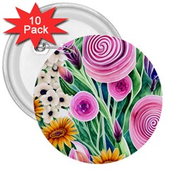 Cheerful And Captivating Watercolor Flowers 3  Buttons (10 Pack)  by GardenOfOphir