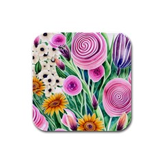 Cheerful And Captivating Watercolor Flowers Rubber Square Coaster (4 pack)