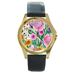 Cheerful And Captivating Watercolor Flowers Round Gold Metal Watch