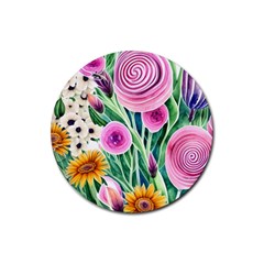 Cheerful And Captivating Watercolor Flowers Rubber Coaster (Round)