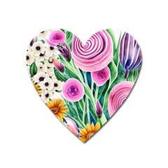 Cheerful And Captivating Watercolor Flowers Heart Magnet by GardenOfOphir