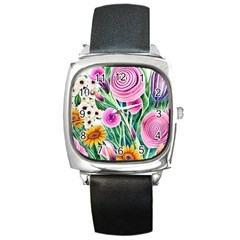 Cheerful And Captivating Watercolor Flowers Square Metal Watch by GardenOfOphir