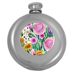 Cheerful And Captivating Watercolor Flowers Round Hip Flask (5 oz)