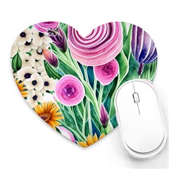 Cheerful And Captivating Watercolor Flowers Heart Mousepad