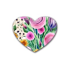 Cheerful And Captivating Watercolor Flowers Rubber Heart Coaster (4 Pack) by GardenOfOphir