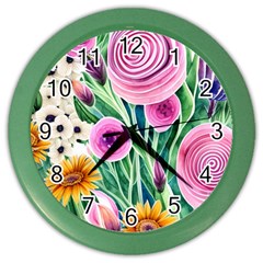 Cheerful And Captivating Watercolor Flowers Color Wall Clock