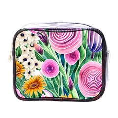 Cheerful And Captivating Watercolor Flowers Mini Toiletries Bag (One Side)