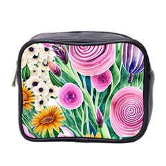 Cheerful And Captivating Watercolor Flowers Mini Toiletries Bag (Two Sides)