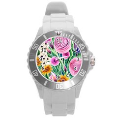 Cheerful And Captivating Watercolor Flowers Round Plastic Sport Watch (L)