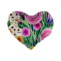 Cheerful And Captivating Watercolor Flowers Standard 16  Premium Heart Shape Cushions