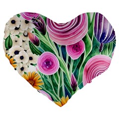 Cheerful And Captivating Watercolor Flowers Large 19  Premium Heart Shape Cushions