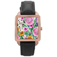 Cheerful And Captivating Watercolor Flowers Rose Gold Leather Watch 