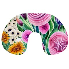 Cheerful And Captivating Watercolor Flowers Travel Neck Pillow by GardenOfOphir