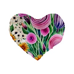 Cheerful And Captivating Watercolor Flowers Standard 16  Premium Flano Heart Shape Cushions