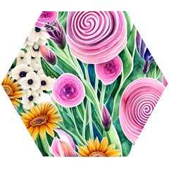 Cheerful And Captivating Watercolor Flowers Wooden Puzzle Hexagon by GardenOfOphir